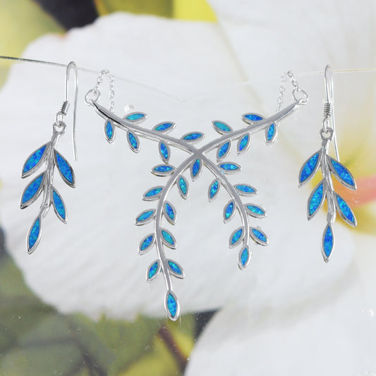 Boucles d'oreilles et collier uniques et magnifiques en forme de feuille de maille en opale hawaïenne, collier en argent sterling avec feuille de maille en opale bleue, cadeau d'anniversaire pour maman N9328S