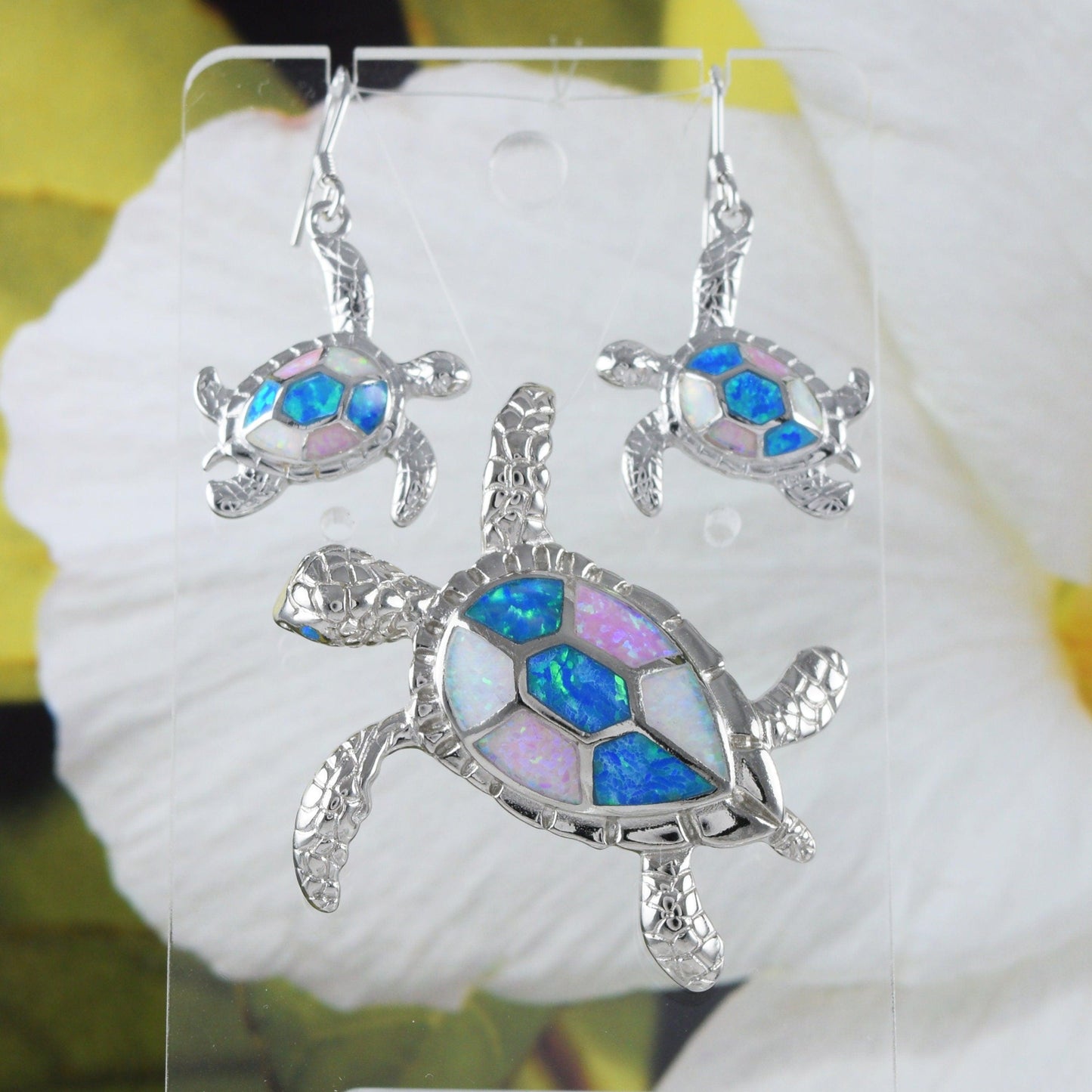 Gorgeous Hawaiian X-Large Tri-color Opal Sea Turtle Earring and Necklace, Sterling Silver Blue White Pink Opal Turtle Pendant, N8365S2 - Hawaii Treasures Shop