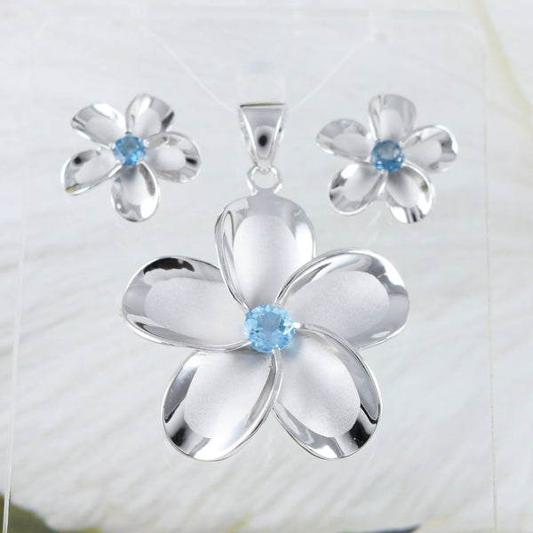 Magnifiques boucles d'oreilles et collier Plumeria en topaze bleue véritable de très grande taille, pendentif en argent sterling avec fleur de Plumeria, cadeau d'anniversaire N8533S