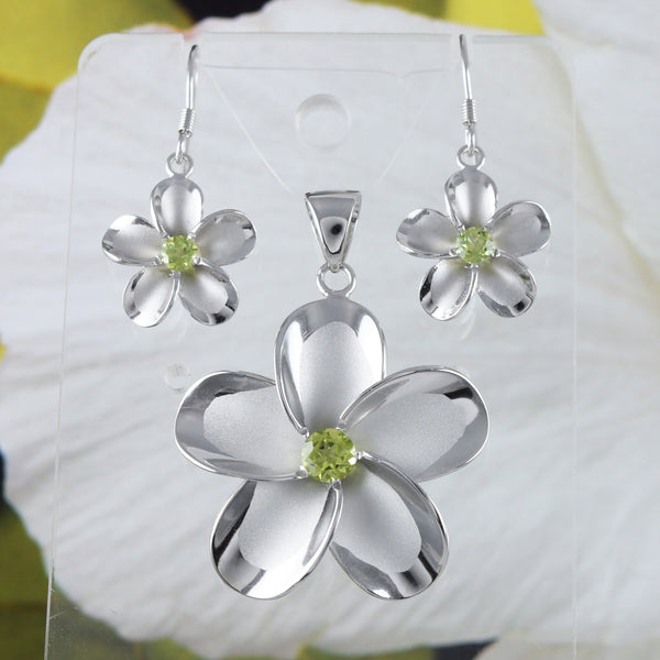 Magnifiques boucles d'oreilles et collier en véritable péridot Plumeria hawaïen de très grande taille, pendentif en argent sterling en forme de fleur de Plumeria, cadeau d'anniversaire pour maman N8535SH