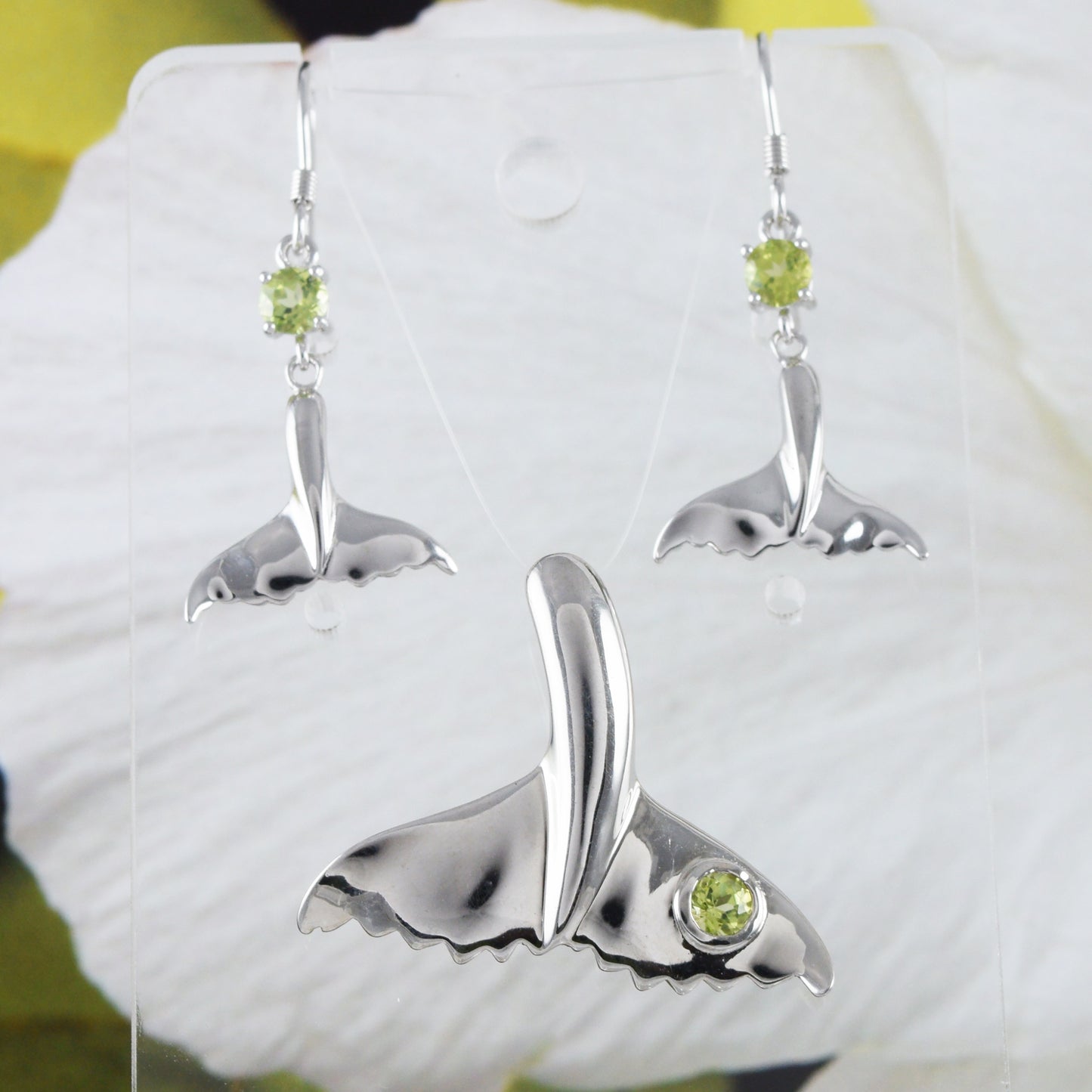 Beautiful Hawaiian Genuine Peridot Whale Tail Earring and Necklace, Sterling Silver Whale Tail Pendant, N8541S Birthday Mother Wife Mom Gift