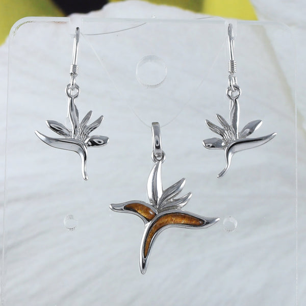 Boucles d'oreilles et collier uniques en bois de koa véritable hawaïen avec oiseau de paradis, pendentif en argent sterling avec oiseau de paradis, cadeau d'anniversaire pour maman N9314S2