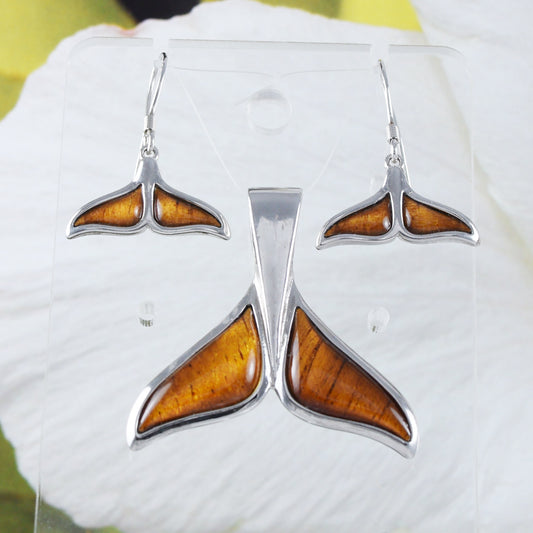 Boucles d'oreilles et collier uniques en forme de queue de baleine en bois de koa véritable de grande taille, pendentif en argent sterling en forme de queue de baleine, cadeau d'anniversaire N9319S