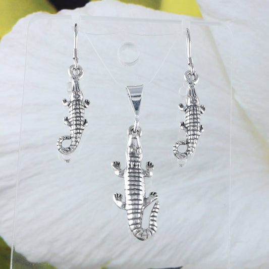 Boucles d'oreilles et collier uniques en alligator texan 3D, pendentif à breloque en alligator en argent sterling, cadeau d'anniversaire pour maman N8279S2