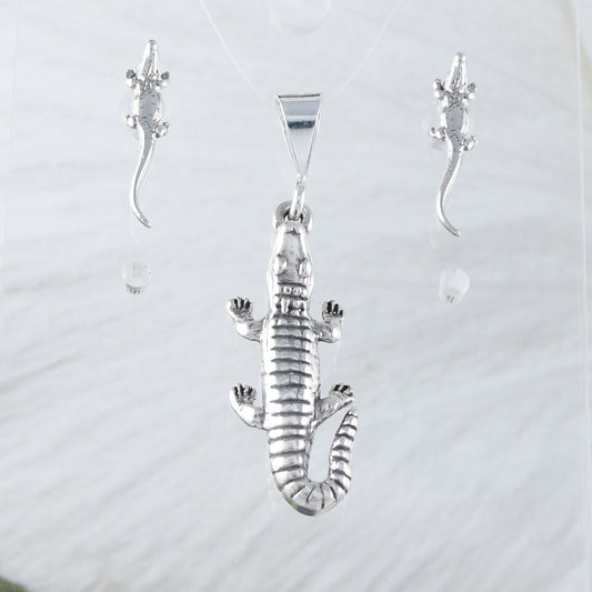 Boucles d'oreilles et collier uniques en alligator texan 3D, pendentif à breloque en alligator en argent sterling, cadeau d'anniversaire pour maman N8279S1