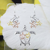 Beautiful Hawaiian Large Tri-color Sea Turtle Earring and Necklace, Sterling Silver Turtle Petroglyph Pendant, N8551SH Birthday Mom Gift