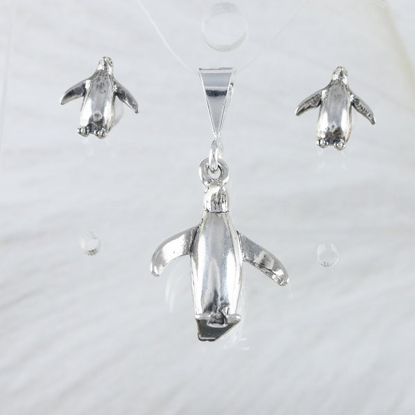 Unique Hawaiian 3D Penguin Earring and Necklace, Sterling Silver Cute Penguin Charm Pendant, N2991S Birthday Mom Wife Girl Mother Gift