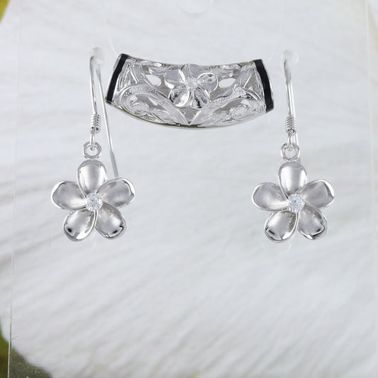 Boucles d'oreilles et collier uniques en forme de tube de lave en forme de feuille de Plumeria hawaïenne, pendentif en argent sterling avec fleur de Plumeria CZ, cadeau d'anniversaire N8563SH