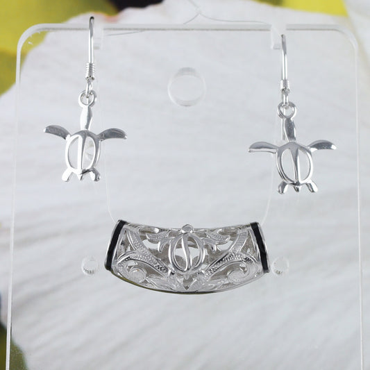 Boucles d'oreilles et collier uniques en forme de tube de lave en forme de feuille de maille de tortue de mer hawaïenne, pendentif en argent sterling en forme de tonneau de tortue, cadeau d'anniversaire pour femme et maman N8564SH