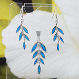 Magnifique collier et boucles d'oreilles en forme de feuille de maille en opale bleue hawaïenne, pendentif en argent sterling en forme de feuille de maille en opale, cadeau d'anniversaire pour maman, épouse, mère, N8837S