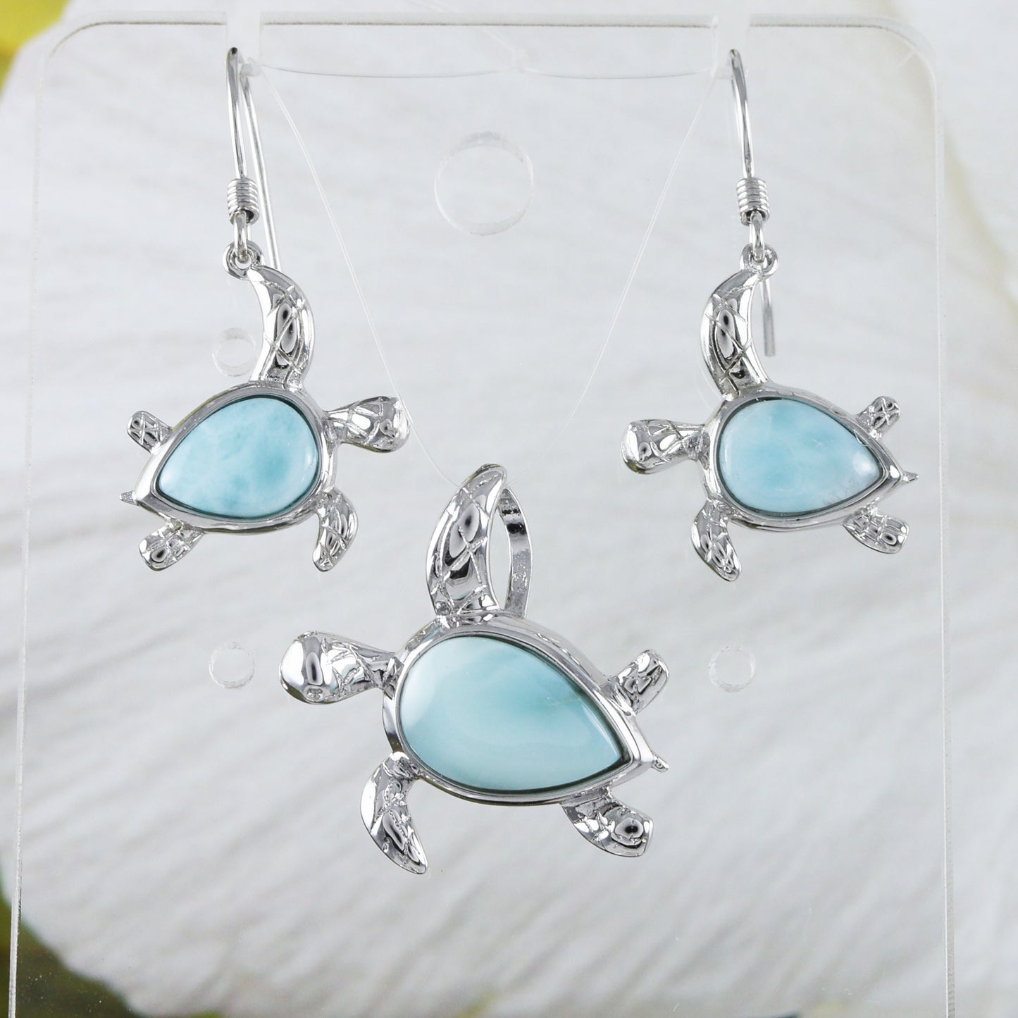 Boucles d'oreilles et collier uniques en véritable tortue de mer Larimar hawaïenne, pendentif en argent sterling avec tortue Larimar, cadeau d'anniversaire pour maman N8841SH