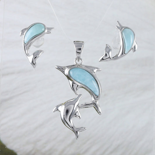 Collier et boucles d'oreilles uniques en véritable larimar hawaïen avec pendentif maman et bébé dauphin, pendentif en argent sterling avec 2 dauphins en larimar, cadeau pour maman N8842S