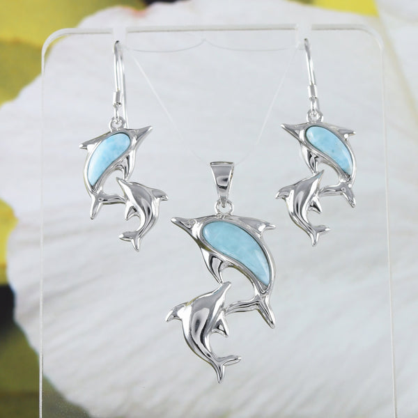 Boucles d'oreilles et collier uniques en véritable larimar hawaïen pour maman et bébé dauphin, pendentif en argent sterling avec 2 dauphins en larimar, cadeau d'anniversaire N8842SH