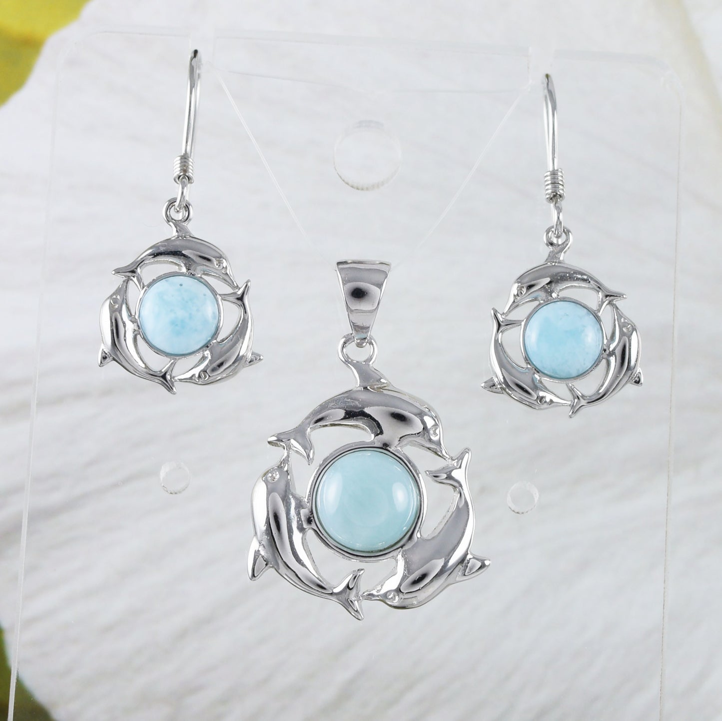 Boucles d'oreilles et collier uniques en véritable Larimar hawaïen avec 3 dauphins, pendentif en argent sterling avec larimar, cadeau d'anniversaire pour mère et épouse N8843S