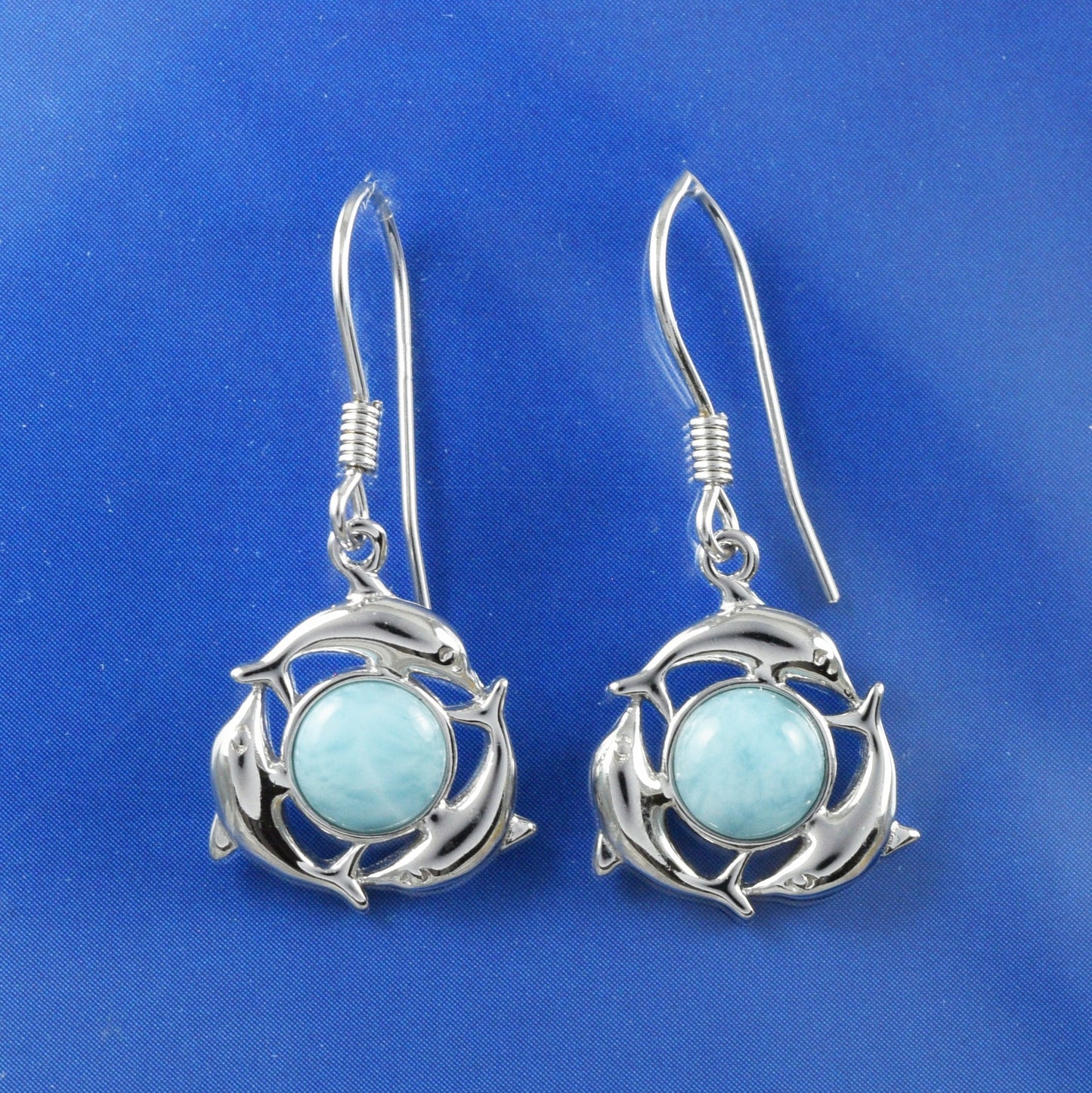 Boucles d'oreilles et collier uniques en véritable Larimar hawaïen avec 3 dauphins, pendentif en argent sterling avec larimar, cadeau d'anniversaire pour mère et épouse N8843S