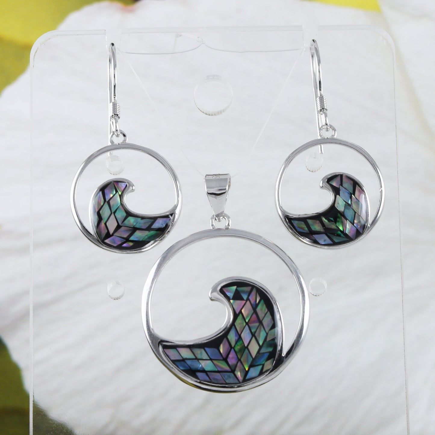 Unique Hawaiian Genuine Paua Shell Ocean Wave Earring and Necklace, Sterling Silver Ocean Wave Pendant, N8844S Birthday Valentine Mom Gift