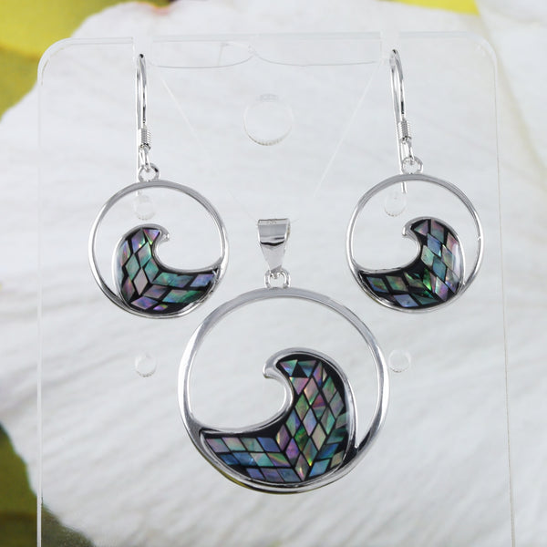 Boucles d'oreilles et collier uniques en coquillage de paua hawaïen véritable, pendentif en argent sterling avec vagues de l'océan, cadeau d'anniversaire, de Saint-Valentin, N8844S