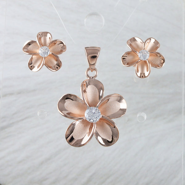 Magnifique boucle d'oreille et collier Plumeria hawaïen, pendentif fleur Plumeria CZ en argent sterling plaqué or rose, cadeau d'anniversaire pour mère N8854S