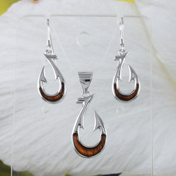 Beautiful Hawaiian Genuine Koa Wood Fish Hook Earring and Necklace, Sterling Silver Fish Hook Pendant, N8863S Birthday Mother Gift