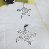 Unique Mother Daughter Matching Hawaiian Sea Turtle Necklace, Sterling Silver Turtle Plumeria CZ Pendant, N7022 Big Little Sister