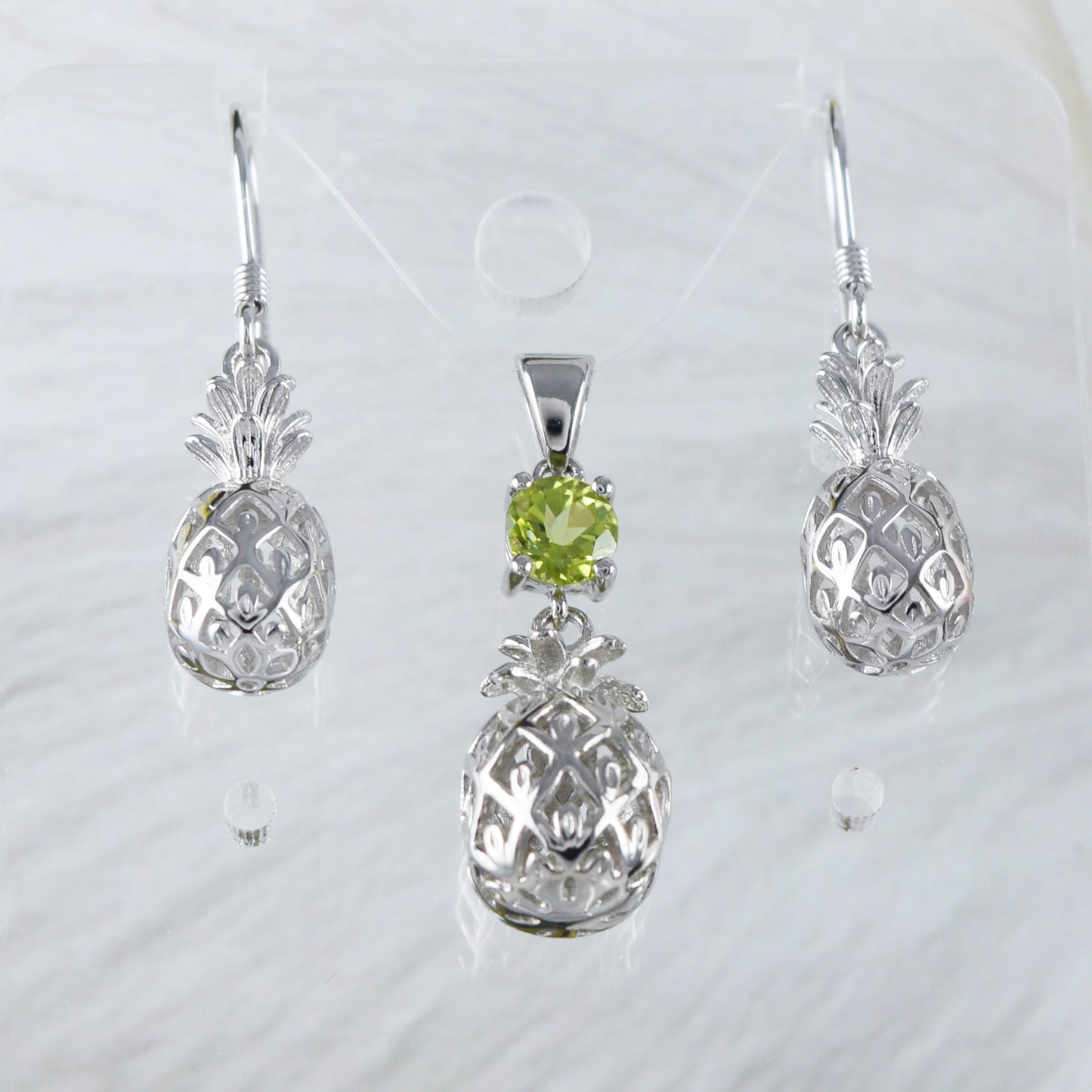 Magnifiques boucles d'oreilles et collier en véritable péridot hawaïen 3D ananas, pendentif en argent sterling péridot ananas, cadeau d'anniversaire pour maman N8885S1