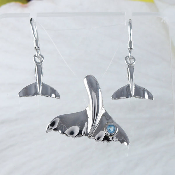 Magnifique boucle d'oreille et collier en queue de baleine en topaze bleue véritable hawaïenne, pendentif en argent sterling en forme de queue de baleine, cadeau d'anniversaire pour maman N8886SH