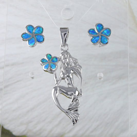 Boucles d'oreilles et collier de sirène hawaïenne uniques et magnifiques, pendentif de sirène en argent sterling avec opale bleue et plumeria, cadeau d'anniversaire pour maman N9303S