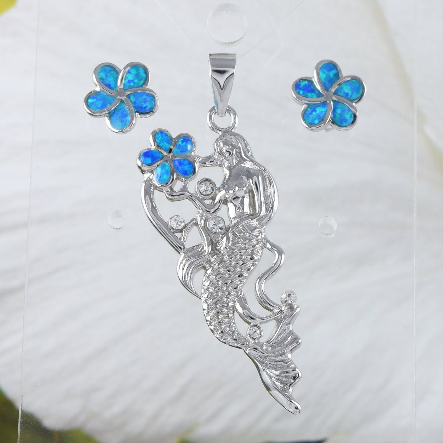 Boucles d'oreilles et collier de sirène hawaïenne uniques et époustouflants, pendentif en argent sterling avec opale bleue et zircone cubique, cadeau d'anniversaire pour maman N9304S