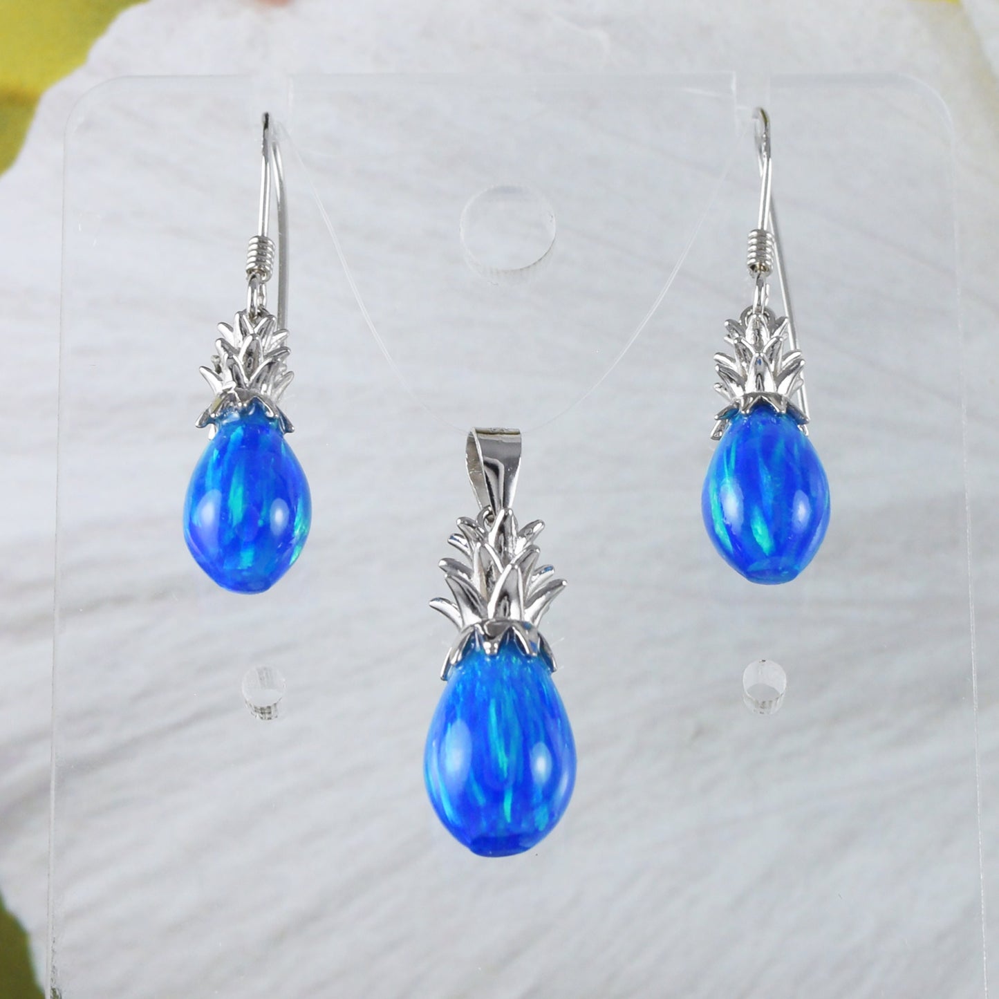 Boucles d'oreilles et collier uniques et magnifiques en opale bleue 3D hawaïenne en forme d'ananas, pendentif en opale bleue en argent sterling, cadeau d'anniversaire pour maman N9312S