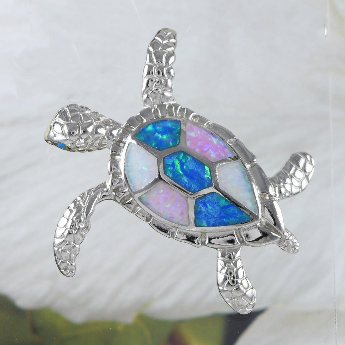 Gorgeous Hawaiian X-Large Tri-color Opal Sea Turtle Earring and Necklace, Sterling Silver Blue White Pink Opal Turtle Pendant, N8365S2 - Hawaii Treasures Shop