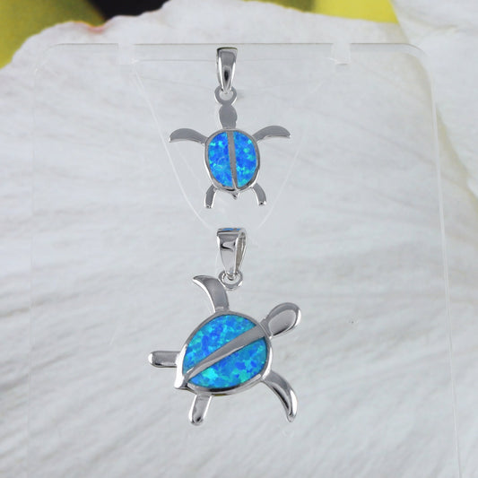 Pretty Mother Daughter Hawaiian Opal Sea Turtle Matching Necklace, Sterling Silver Blue Opal Turtle Pendant, N7014 Big Little Sister