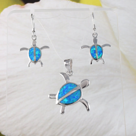 Beautiful Hawaiian Opal Sea Turtle Necklace and Earring, Sterling Silver Blue Opal Turtle Pendant, N2027H Birthday Mother Mom Gift