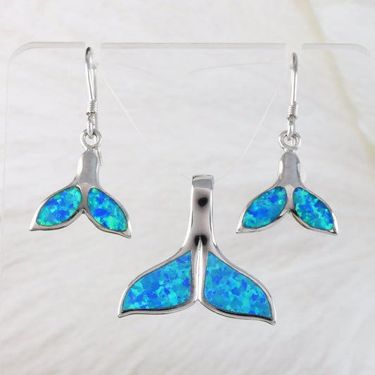 Magnifique collier et boucles d'oreilles en forme de queue de baleine en opale bleue hawaïenne, pendentif en argent sterling en forme de queue de baleine en opale, cadeau d'anniversaire pour maman N2030H