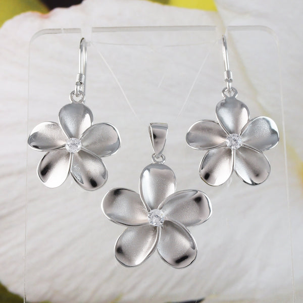 Magnifique collier et boucles d'oreilles Plumeria hawaïennes, pendentif en argent sterling avec fleur de Plumeria CZ, cadeau d'anniversaire pour mère, épouse, maman, N2031H