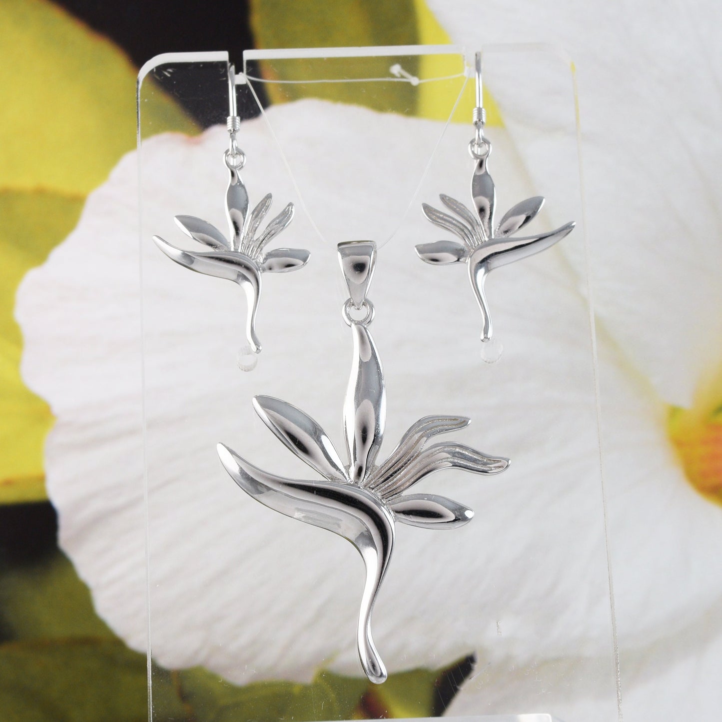 Gorgeous Hawaiian Large Bird of Paradise Necklace and Earring, Sterling Silver Bird of Paradise Pendant, N6114H Birthday Mother Gift