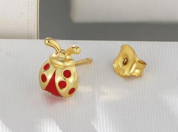 Unique Hawaiian Ladybug Earring, Sterling Silver Yellow-Gold Plated Red Enamel Lady Bug Stud Earring, E9502 Birthday Mom Mother Gift