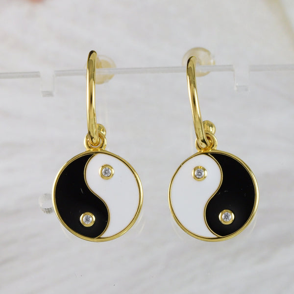 Unique Hawaiian Yin-Yang Earring, Sterling Silver Yellow-Gold Plated White & Black Enamel Yin-Yang CZ Dangle Earring E9504 Birthday Mom Gift