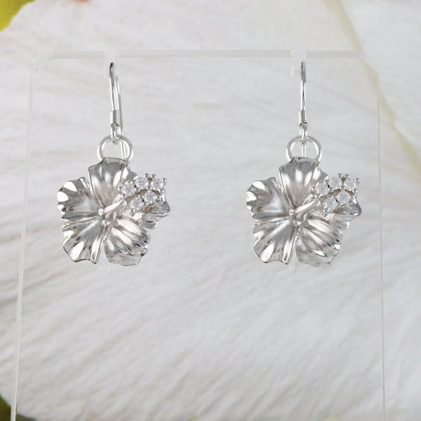 Magnifique boucle d'oreille hibiscus hawaïen, fleur officielle de l'État d'Hawaï, boucle d'oreille pendante hibiscus CZ en argent sterling, cadeau d'anniversaire pour femme et maman E6133