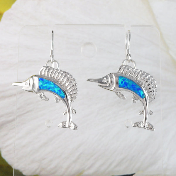 Boucles d'oreilles marlin en opale bleue hawaïenne uniques de grande taille, boucles d'oreilles pendantes en argent sterling avec opale bleue marlin, cadeau d'anniversaire pour maman E6161