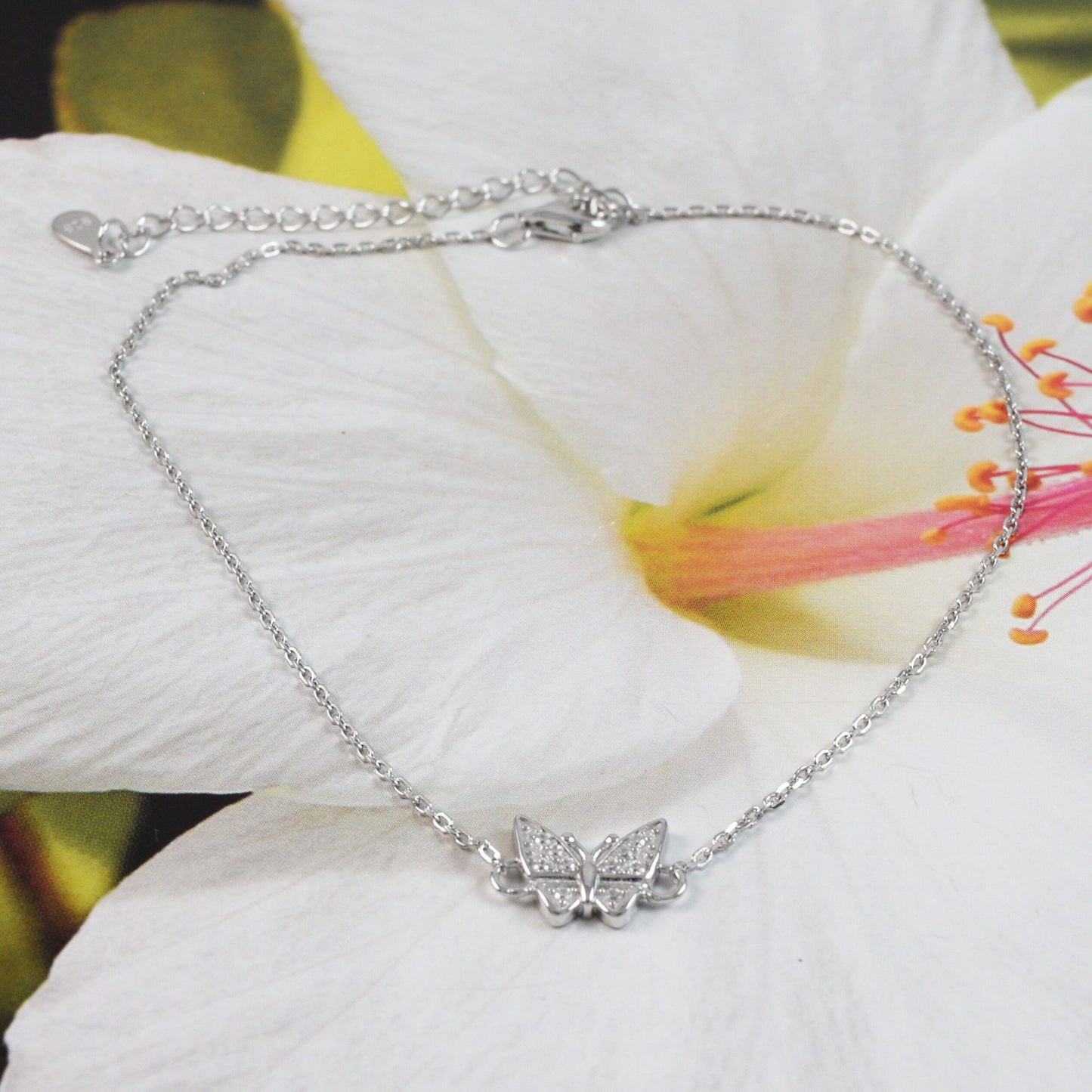 Beautiful Hawaiian Butterfly Ankle Bracelet, Sterling Silver Butterfly CZ Charm Anklet, A9515 Birthday Mom Mother Gift