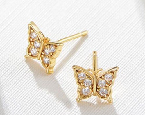 Unique Hawaiian Butterfly Earring, Sterling Silver Yellow-Gold Plated Butterfly CZ Stud Earring, E9510 Birthday Mom Wife Girl Gift