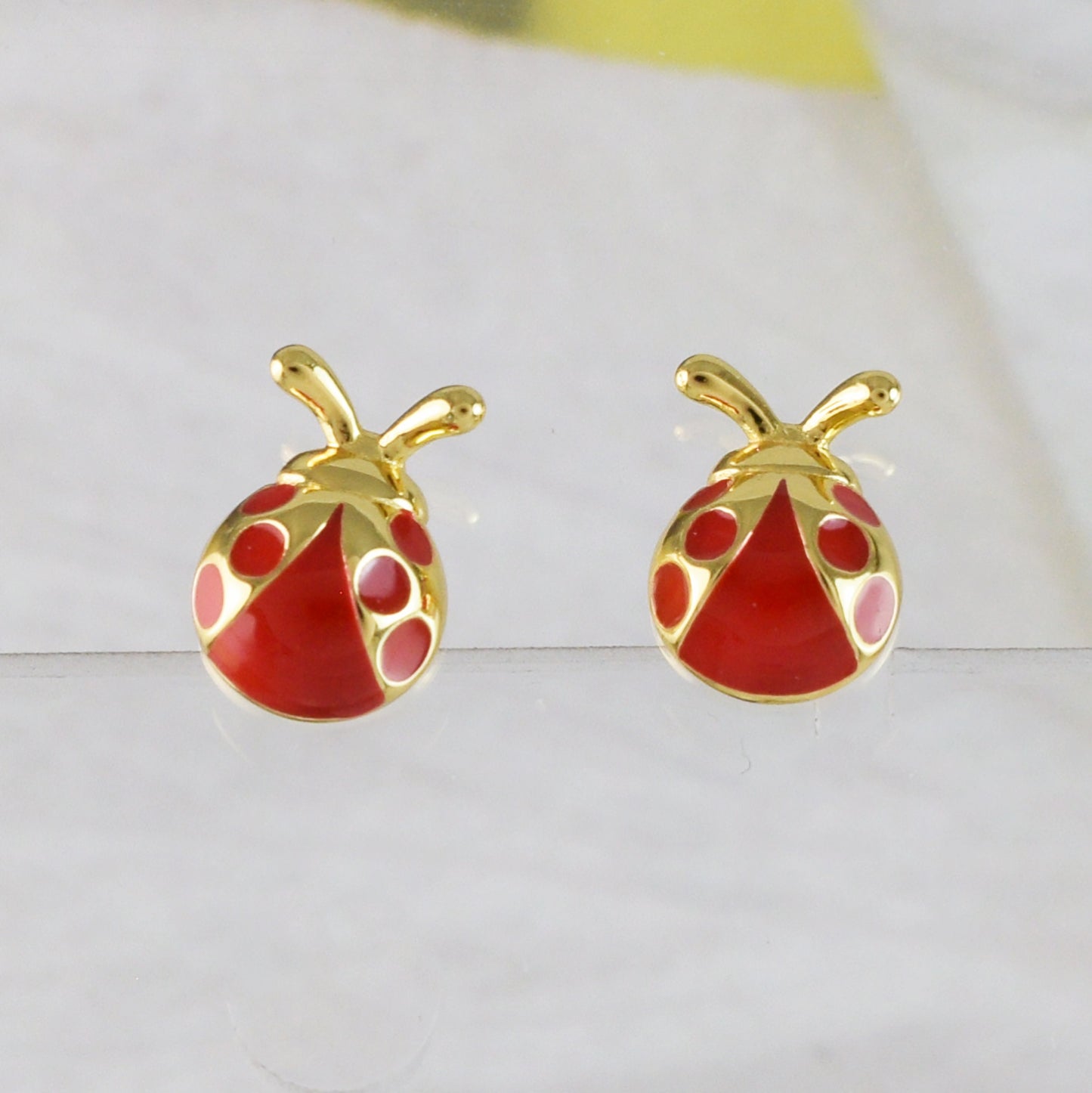 Unique Hawaiian Ladybug Earring, Sterling Silver Yellow-Gold Plated Red Enamel Lady Bug Stud Earring, E9502 Birthday Mom Mother Gift