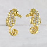 Unique Pretty Hawaiian Seahorse Earring, Sterling Silver Yellow-Gold Plated Seahorse CZ Stud Earring, E9508 Birthday Mom Mother Gift