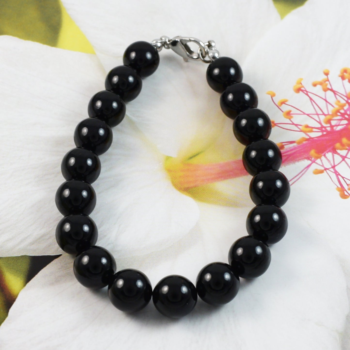 Unique Gorgeous Large Hawaiian Genuine Black Coral Bracelet, Stainless Steel Black Coral Round Beads Bracelet, B3357 Birthday Mother Gift