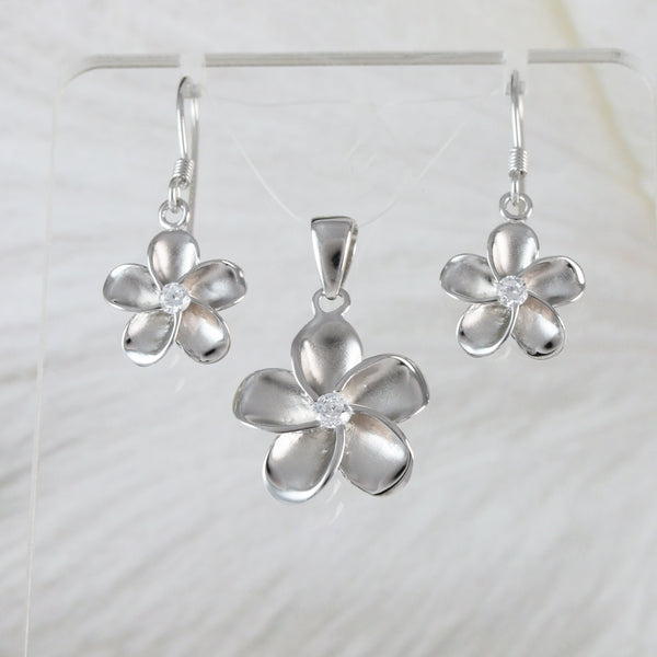 Joli collier et boucles d'oreilles Plumeria hawaïennes, pendentif en argent sterling avec fleur de Plumeria CZ, N2001S, cadeau d'anniversaire pour mère, épouse, maman et fille