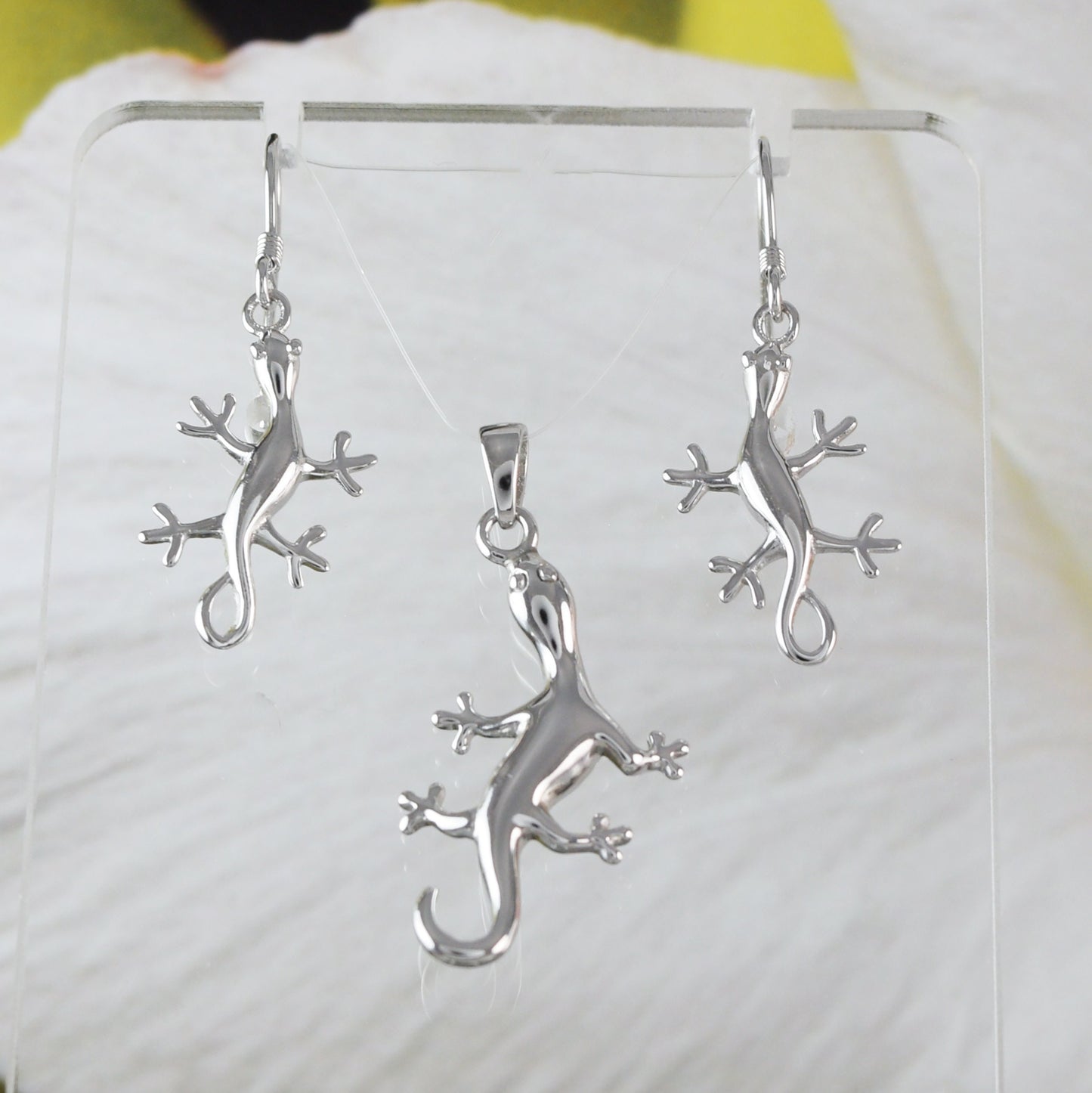 Unique Hawaiian Large Gecko Necklace and Earring, Sterling Silver Gecko Lizard Charm Pendant, N2020S Birthday Mother Wife Mom Gift