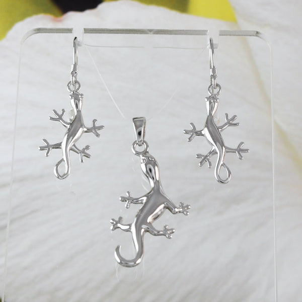 Unique Hawaiian Large Gecko Necklace and Earring, Sterling Silver Gecko Lizard Charm Pendant, N2020S Birthday Mother Wife Mom Gift