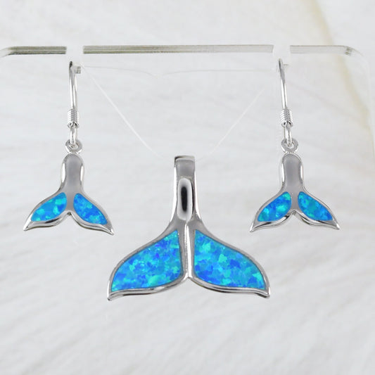 Magnifique collier et boucles d'oreilles en forme de queue de baleine en opale bleue hawaïenne, pendentif en argent sterling en forme de queue de baleine en opale, cadeau d'anniversaire pour maman N2030S