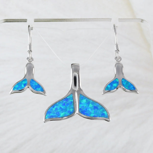 Beautiful Hawaiian Blue Opal Whale Tail Necklace and Earring, Sterling Silver Opal Whale Tail Pendant, N2030S Birthday Mother Mom Gift