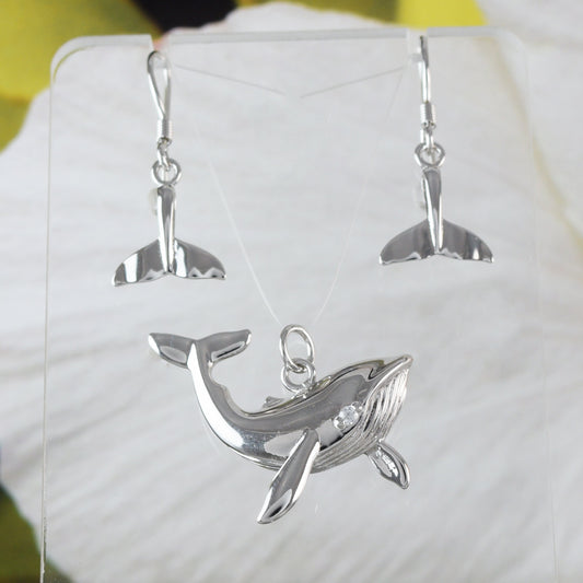 Superbe boucle d'oreille et collier en forme de grande baleine à bosse hawaïenne, pendentif en argent sterling, cadeau d'anniversaire pour maman et mère N6012